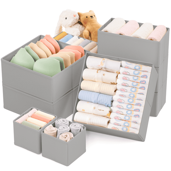 Criusia 20 Pack Foldable Drawer Organizer for Clothes, 10 Fabric Fabric dresser drawer organizer with 10 Upgraded Thickened Bottom Boards, Closet Organization and Storage, Gray