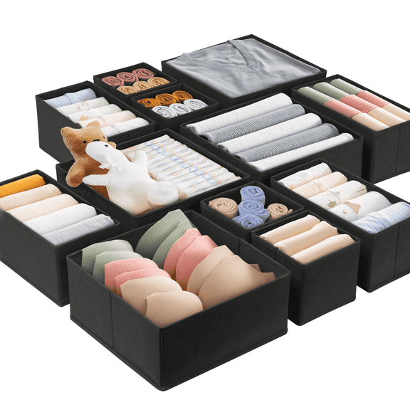 Criusia 15 Pack Drawer Organizer Clothes, Closet Organization and Storage Dividers for Clothing, Black