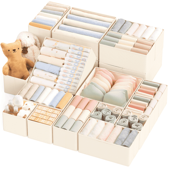 Criusia Clothes Drawer Organizers, 20-Pack Foldable Fabric Dresser Bins for Closet Storage, Drawer Dividers for Clothing, Baby Clothes, Underwear, Socks & Accessories (Beige)