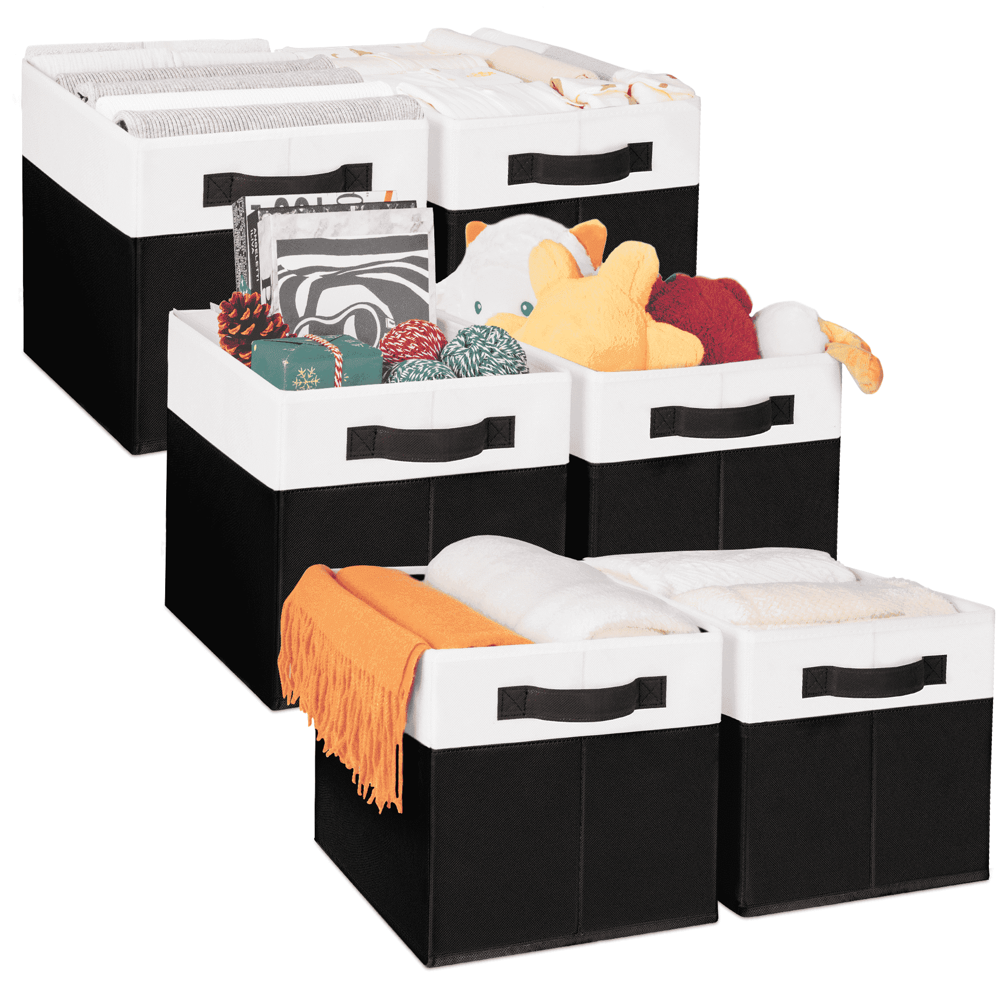 Criusia 6 Pack Large Cube Storage Bins for Shelves, Foldable Fabric Storage Cubes with Handles, Closet Organizers and Storage Bins for Clothes, Toys, Towels & Linen, Black