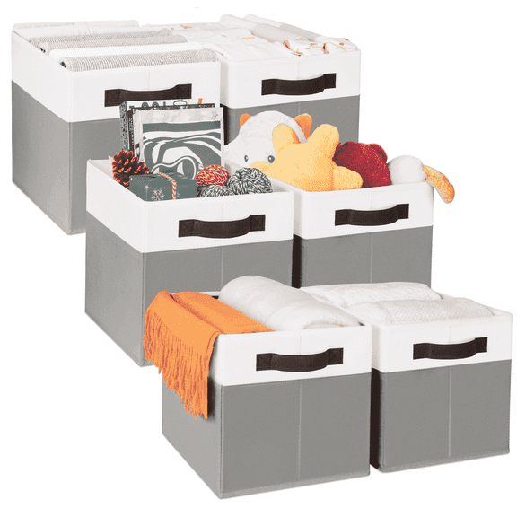 Criusia 6 Pack Large Cube Storage Bins for Shelves, Foldable Fabric Storage Cubes with Handles, Closet Organizers and Storage Bins for Clothes, Toys, Towels & Linen, Gray