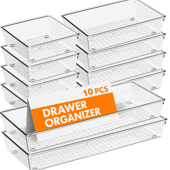 Criusia Extra Large 10 PCS SClear Plastic Drawer Organizer Set, Stackable Storage Bins for Makeup, Vanity, Bathroom, Kitchen and Office