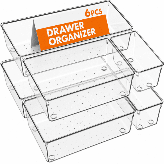 Criusia Extra Large 6 PCS Clear Plastic Drawer Organizer Set, Stackable Storage Bins for Makeup, Vanity, Bathroom, Kitchen and Office