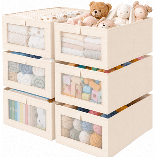 Criusia 6 Pack Foldable Linen Storage Bins, Fabric Closet Organizer Bins for Shelves, Clothes, Toys and Blankets, Beige