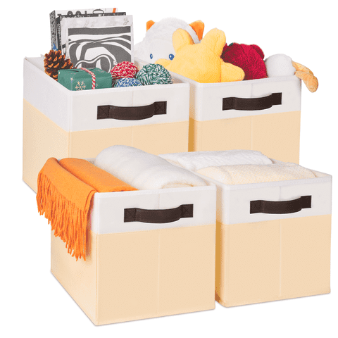 Criusia 4 Pack Large Cube Storage Bins for Shelves, Foldable Fabric Storage Cubes with Handles, Closet Organizers and Storage Bins for Clothes, Toys, Towels & Linen, Beige
