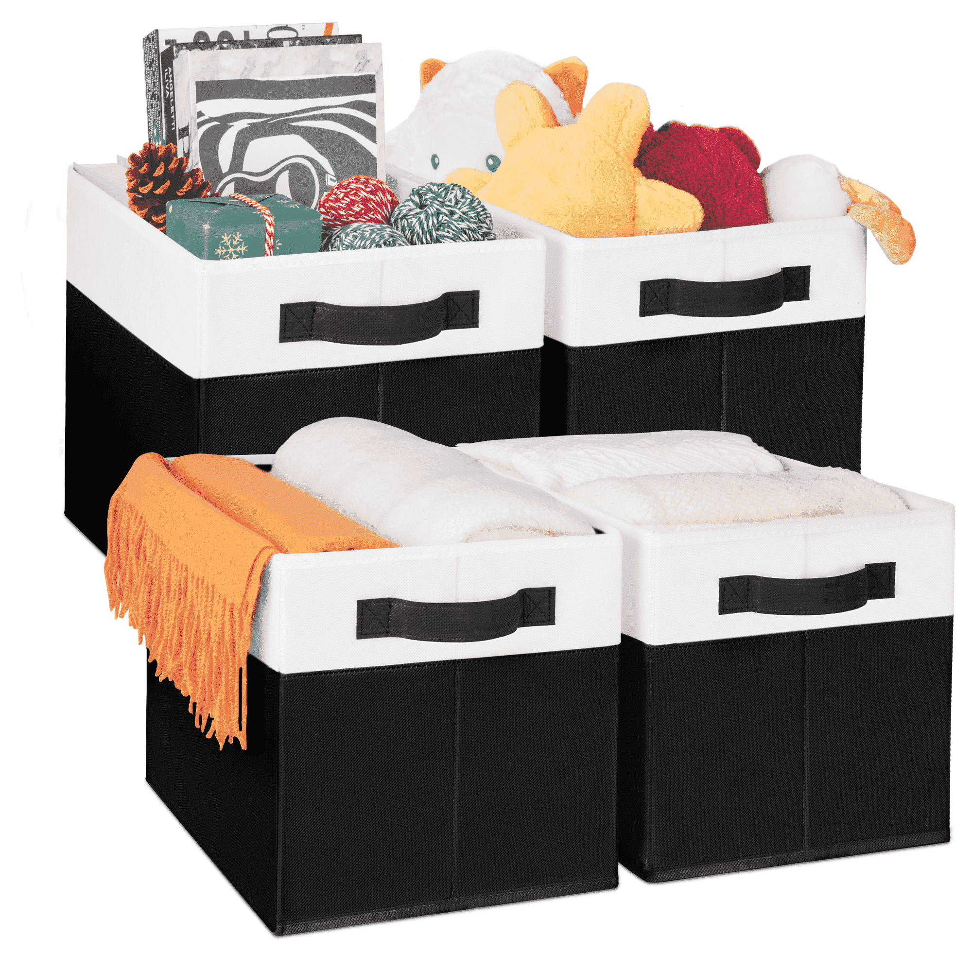 Criusia 4 Pack Large Cube Storage Bins for Shelves, Foldable Fabric Storage Cubes with Handles, Closet Organizers and Storage Bins for Clothes, Toys, Towels & Linen, Black