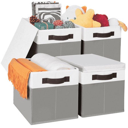 Criusia Storage Bins with Lids, 4 Pack Fabric Storage Cubes for Shelves, Collapsible Closet Organization and Storage Bins with Handles for Clothes, Toys, Towels & Linen, Grey