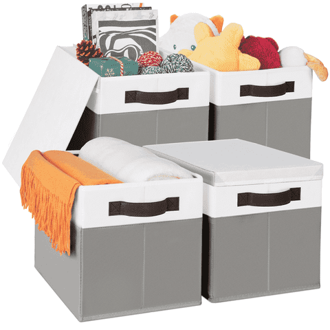 Criusia Storage Bins with Lids, 4 Pack Fabric Storage Cubes for Shelves, Collapsible Closet Organization and Storage Bins with Handles for Clothes, Toys, Towels & Linen, Grey