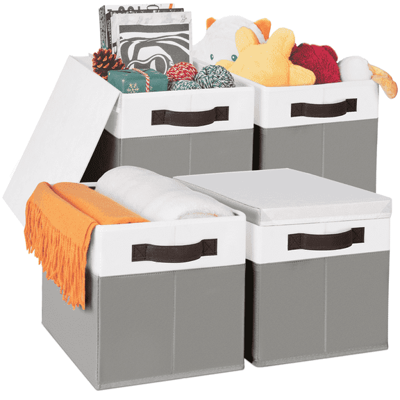 Criusia Storage Bins with Lids, 4 Pack Fabric Storage Cubes for Shelves, Collapsible Closet Organization and Storage Bins with Handles for Clothes, Toys, Towels & Linen, Grey