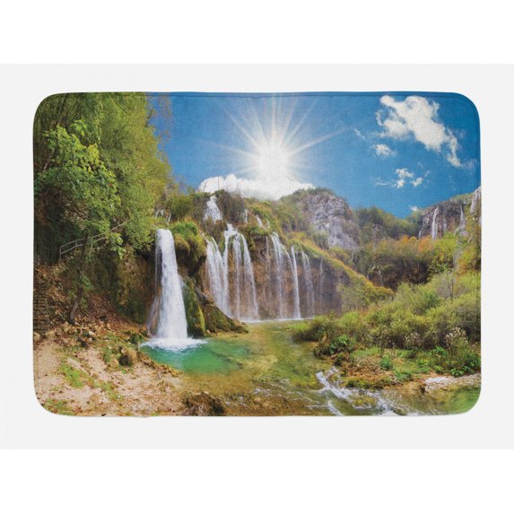 Croatia Bath Mat, Nature Landscape Magnificent View of Waterfalls in Day Time with Sky, Plush Bathroom Decor Mat with Non Slip Backing, 29.5" X 17.5", Multicolor, by Ambesonne