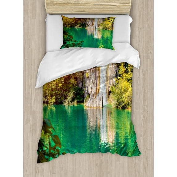 Croatia Duvet Cover Set Twin Size, Outdoor Scene with Forest and Lake, Decorative 2 Piece Bedding Set with 1 Pillow Sham, Jade Green Pale Yellow Green Dark Peach Champagne, by Ambesonne