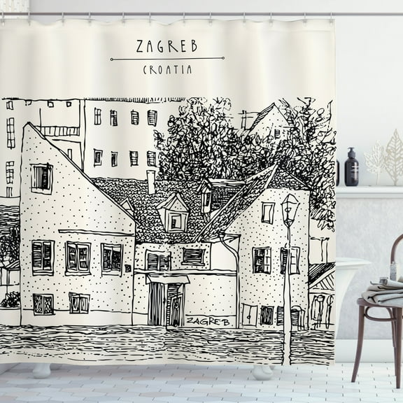 Croatia Shower Curtain, Sketchy Design of European City Zagreb with Nostalgic Houses, Fabric Bathroom Set with Hooks, 69W X 84L Inches Extra Long, Ivory and Charcoal Grey, by Ambesonne