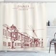 thumbnail image 1 of Croatia Shower Curtain, Vintage Hand Drawn City of Zagreb Sketchy European Street Scene, Fabric Bathroom Set with Hooks, 69W X 84L Inches Extra Long, Ivory and Burgundy, by Ambesonne, 1 of 3