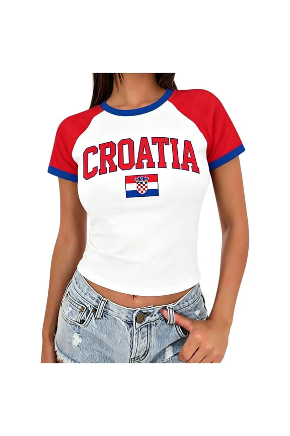 Croatia Soccer Fan Tee for Women Short Sleeve, Red and White Color Block Retro Football Jersey Style Top, Slim Fit Tee with Flag Motif for Game Day Stadium Casual Y2K Streetwear (S)