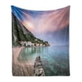 thumbnail image 1 of Croatia Soft Flannel Fleece Throw Blanket, Adriatic Beach and Mimice Village on Dalmatia Sunrise Twilight Calmness, Cozy Plush for Indoor and Outdoor Use, 70" x 90", Multicolor, by Ambesonne, 1 of 6