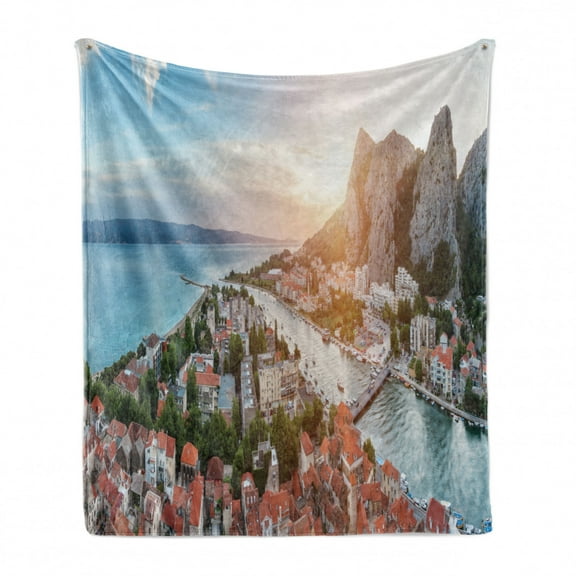 Croatia Soft Flannel Fleece Throw Blanket, Aerial Vista Panoramic Photography of Old Coastal Town Omis and Canal in Sunset, Cozy Plush for Indoor and Outdoor Use, 50" x 60", Multicolor, by Ambesonne
