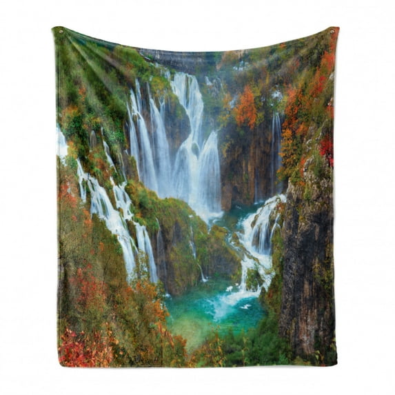 Croatia Soft Flannel Fleece Throw Blanket, Nature Themed Outdoor Scene of Waterfalls of Plitvice National Park, Cozy Plush for Indoor and Outdoor Use, 50" x 60", Multicolor, by Ambesonne
