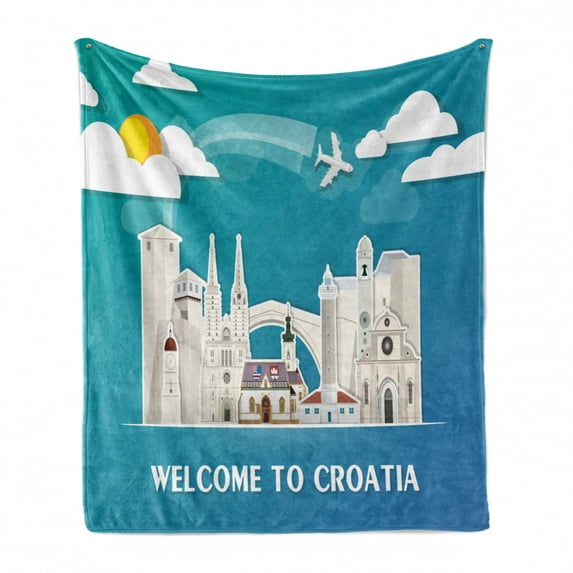 Croatia Soft Flannel Fleece Throw Blanket, Travel and Tourism Themed Illustration with Landmarks and Welcome Text, Cozy Plush for Indoor and Outdoor Use, 60" x 80", Multicolor, by Ambesonne
