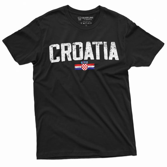 Croatia T-Shirt Hrvatska Mens Tee Shirt Croatian Flag Coat Of Arms Soccer Football T-Shirt (Large Black)