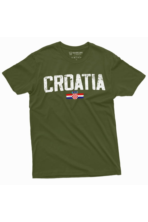 Croatia T-Shirt Hrvatska Mens Tee Shirt Croatian Flag Coat Of Arms Soccer Football T-Shirt (Medium Military Green)