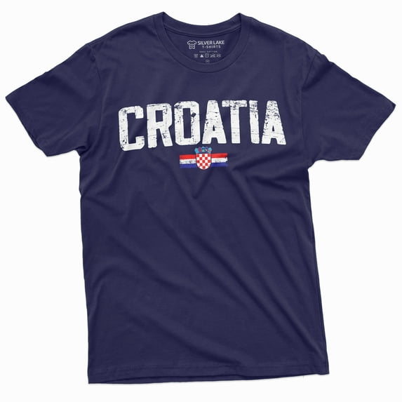 Croatia T-Shirt Hrvatska Mens Tee Shirt Croatian Flag Coat Of Arms Soccer Football T-Shirt (Medium Navy Blue)