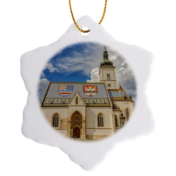 3drose, Croatia, Zagreb. St. Marks Catholic Church and Plaza, 3 inch Snowflake Porcelain Ornament