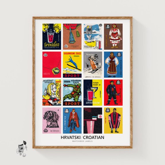 Croatian Matchbox Labels Grid Print Vintage Ephemera Poster Language Collection Typography Focus yellow wall art