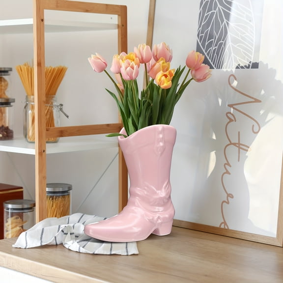 CroblissfulArrangements Nice Western Country Accent Vase Unique Boot Planter For Modern Aesthetic Room Wedding Decor(Pink)