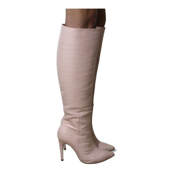 Blush Pink Croc Embossed Faux Leather Knee High Pointed Boots