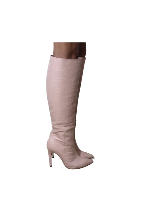 Blush Pink Croc Embossed Faux Leather Knee High Pointed Boots