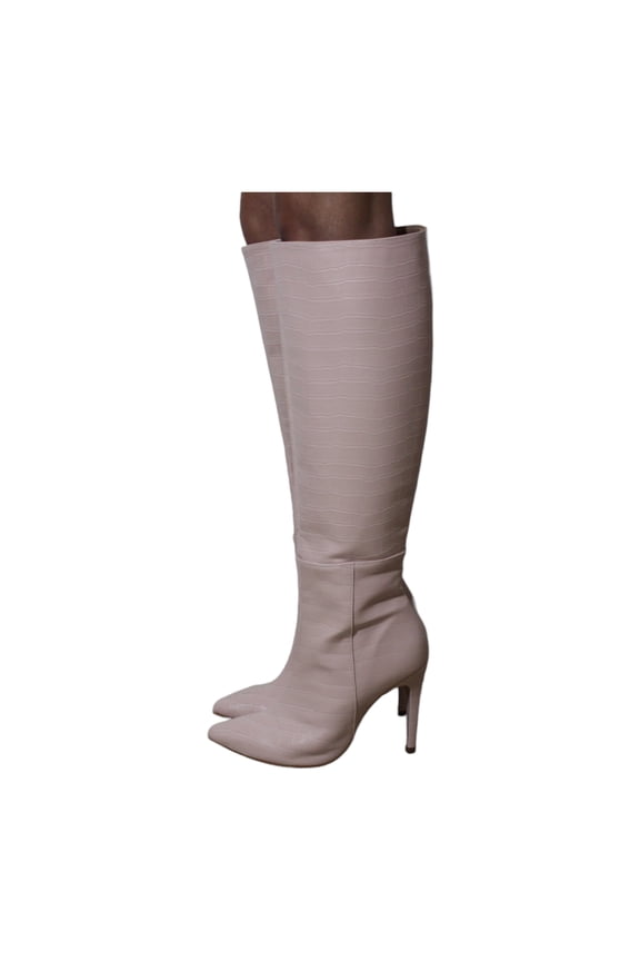 Blush Pink Croc Embossed Faux Leather Knee High Pointed Boots