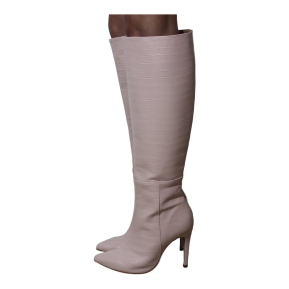 Blush Pink Croc Embossed Faux Leather Knee High Pointed Boots