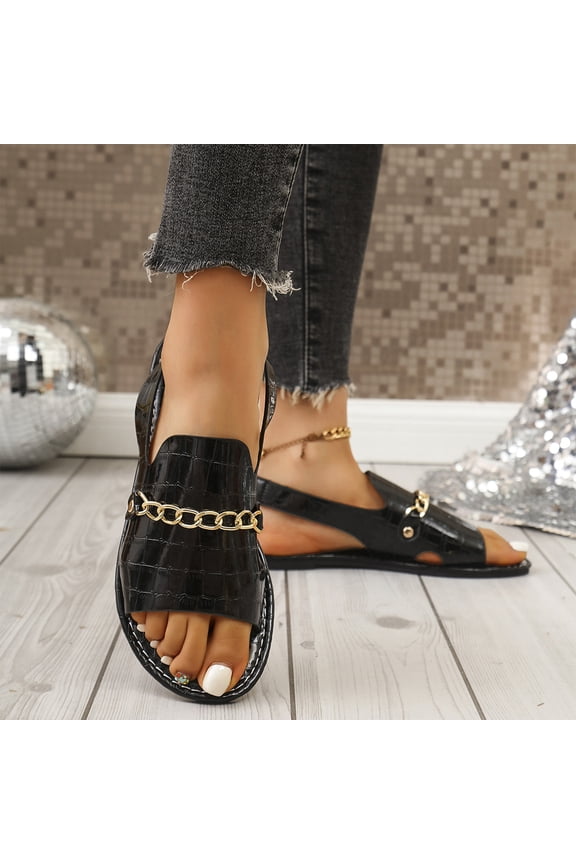 Croc Embossed Sandals, Leather Platform Sandals Adjustable Ankle Strap Wide Width Wedge Sandals Comfortable Walking Summer Beach Vacation Open Toe Flatform Slingback Casual Sandal, Black 5.5