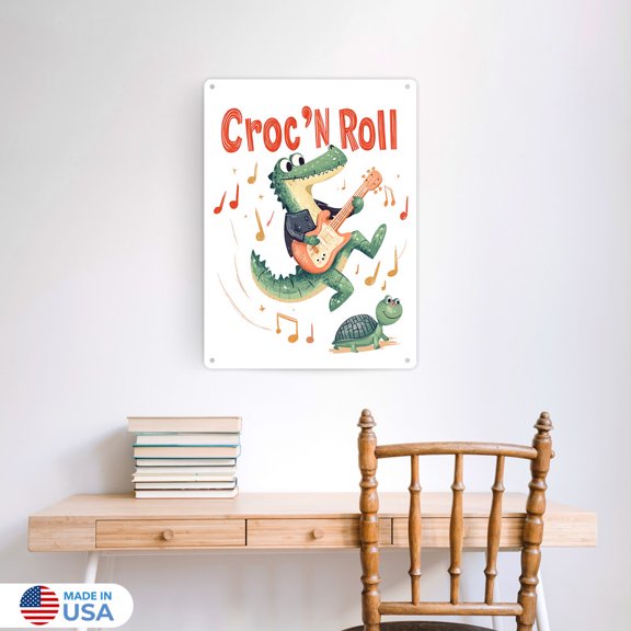 Croc_ N Roll Vertical Tin Sign Wall Decor by Dancing Littles Jungle - Size 12x16 inch