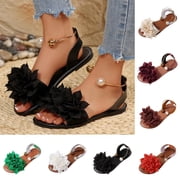 Croc Sandals Womens Fashionable And Casual Summer Flower Decoration Bowknot Open-Toe Round Head Flat Sandals Beige 37
