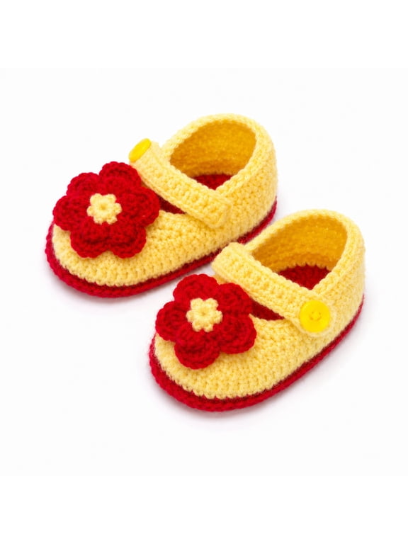 Handmade Crochet Booties with Floral Applique, Soft Knitted Slip-On Footwear with Button Strap, Comfortable Everyday Knit Shoes, Pair Pack