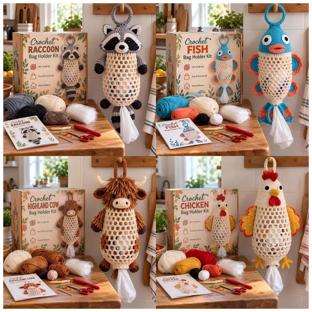 Crochet Animal Bag Holder DIY Kit, Cute Hanging Storage Craft Kit with ...