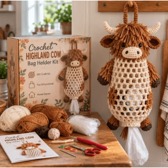 Crochet Animal Bag Holder DIY Kit - Highland Cow Farmhouse Storage ...