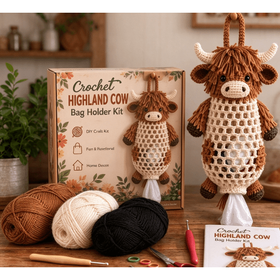 Crochet Animal Bag Holder DIY Kit - Highland Cow Farmhouse Storage ...