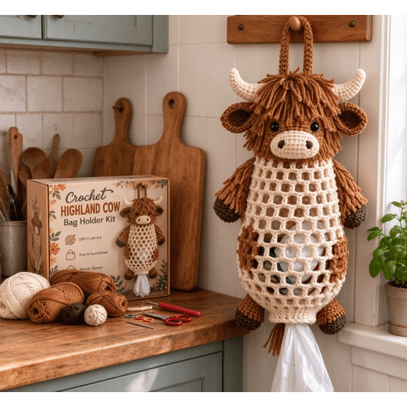 Crochet Animal Bag Holder DIY Kit - Highland Cow Farmhouse Storage ...
