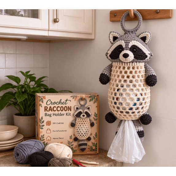 Outner F Crochet Animal Bag Holder DIY Kit - Raccoon Woodland Storage Decor ...