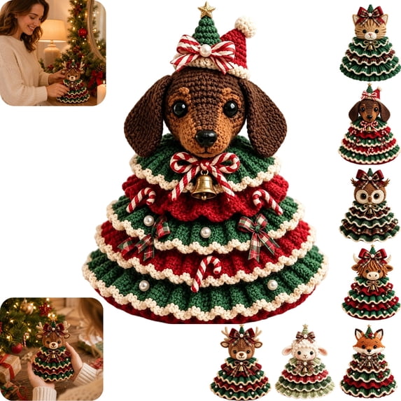 Crochet Animal Christmas Tree DIY Kit Handmade Ornament Set with Pearl Beads Bell Bow Yarn Hook Beginner Friendly Pearl Embellishment Charming Gift for Adults,Dog