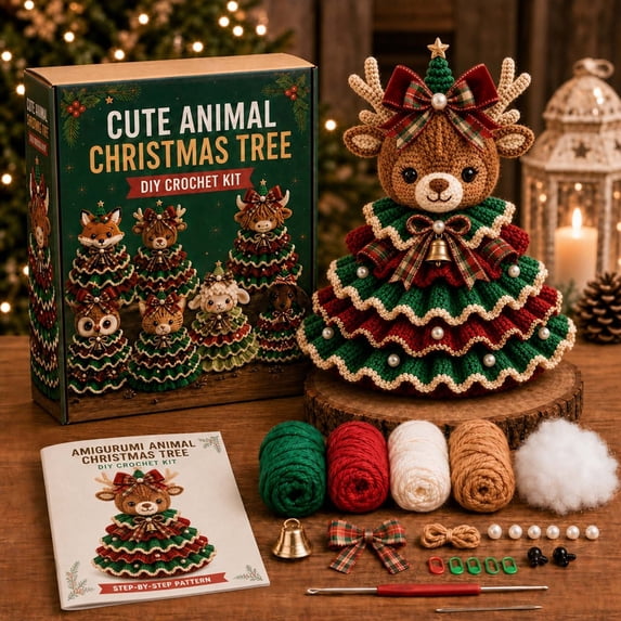 Crochet Animal Christmas Tree Ornament Kit, Handmade Knitting Cotton Holiday Decor, Festive Tabletop Gift Corner Accent, Christmas Home Decoration