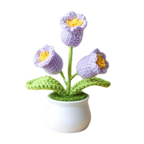 Crochet Artificial Plants Fake Flower Potted Hand Woven Lily Valley Bonsai Handmade Woven Simulated Flower Desktop Decorations
