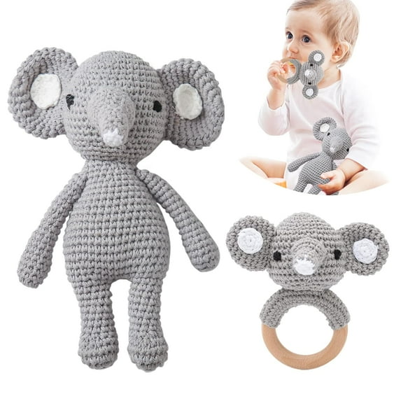 Crochet Baby Toys Stuffed Animals for Babies Elephant Crochet Baby Toy Infant Soothe Toys for Sensory and Early Grips Development Gift for Baby Shower, Birthday