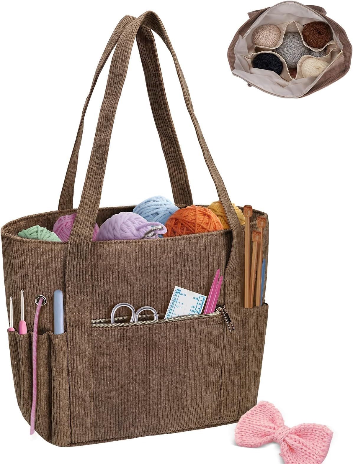 Crochet Bag, Corduroy Tote Bags With  Holders Grommets, Large Capacity Four Compartment Yarn Storage For Women