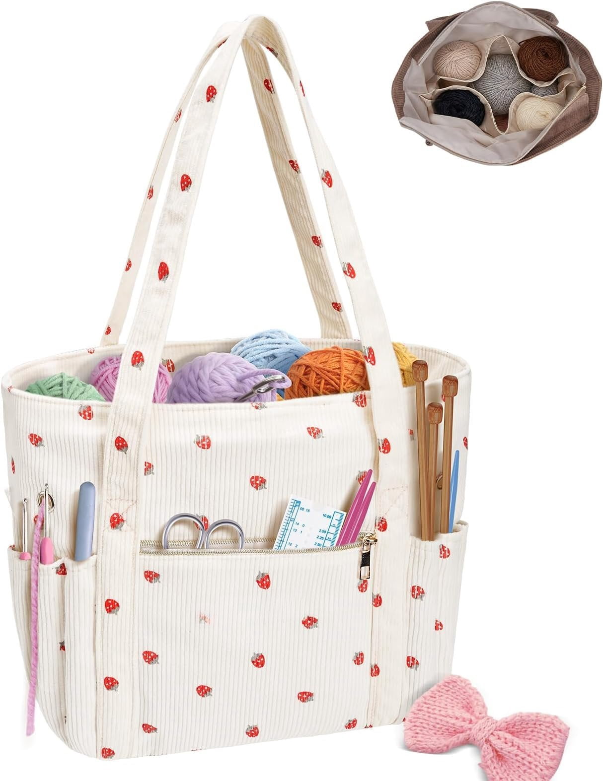 Crochet Bag, Corduroy Tote Bags with  Holders Grommets, Large Capacity Four Compartment Yarn Storage for Women