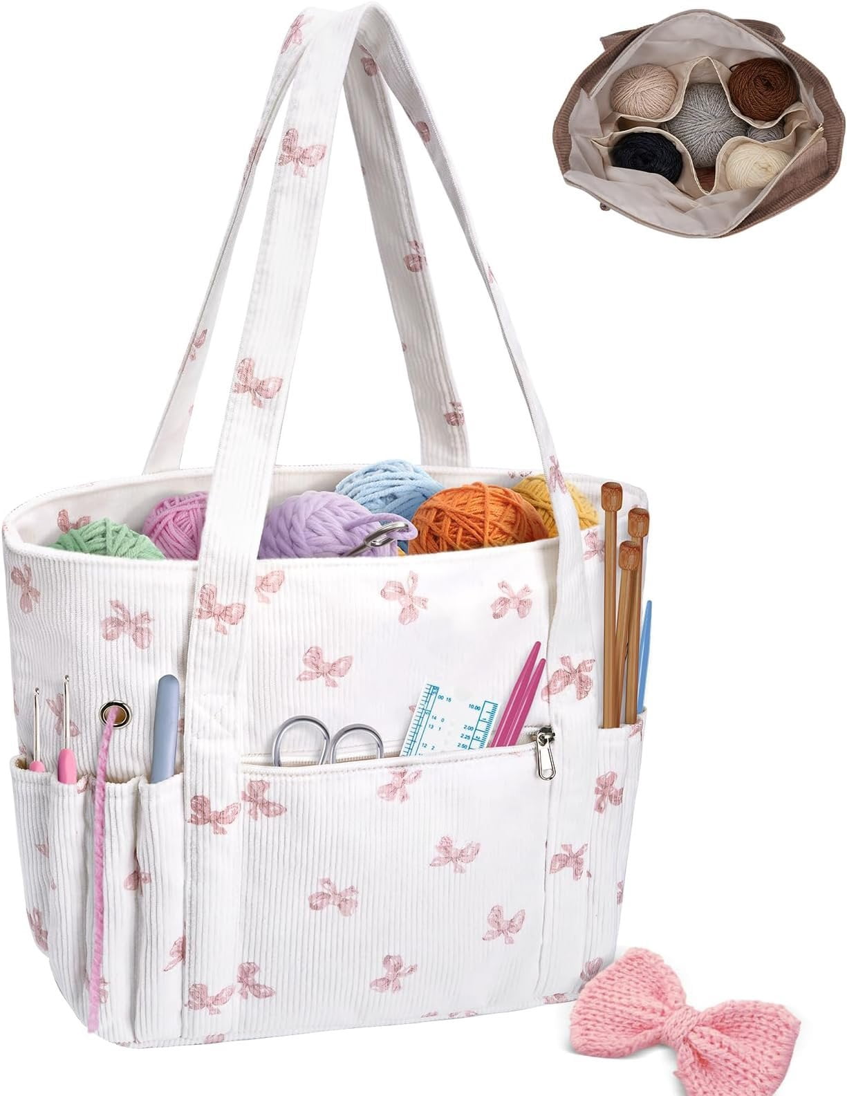 Crochet Bag, Corduroy Tote Bags with  Holders Grommets, Large Capacity Four Compartment Yarn Storage for Women