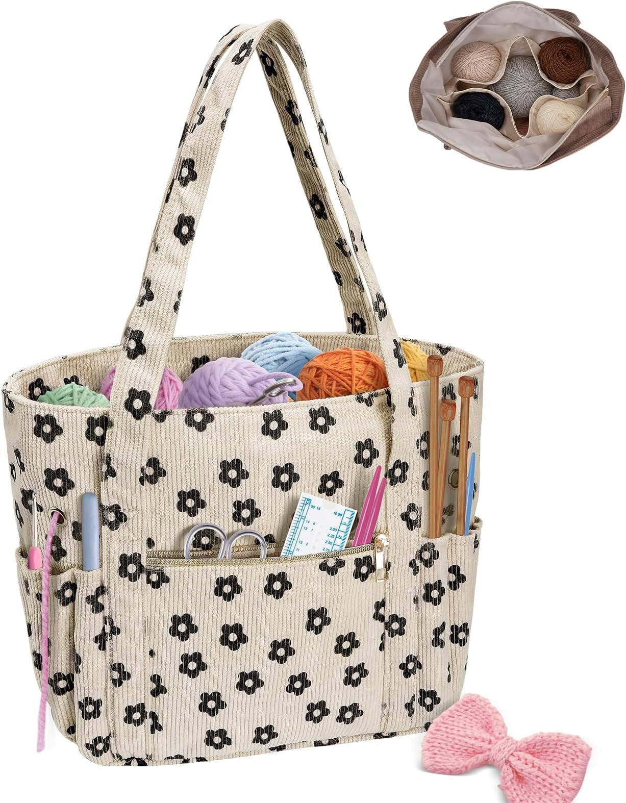 Crochet Bag, Corduroy Tote Bags with  Holders Grommets, Large Capacity Four Compartment Yarn Storage for Women