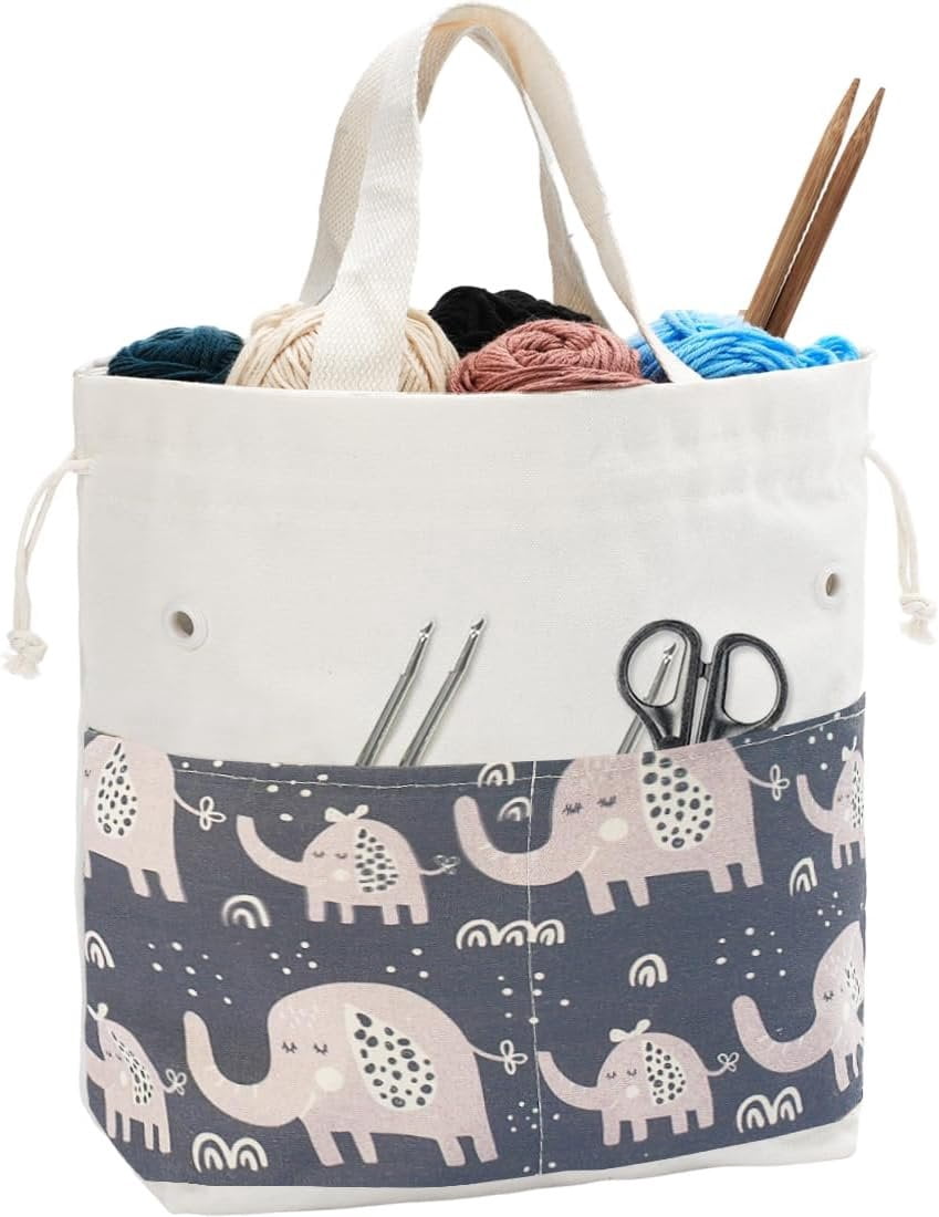 Crochet Bag, Handy Knitting Project Yarn Bag, Crochet Accessories Yarn Storage Organizer, Knitting Bags and Totes for Crocheting  The Go, 12x13x5'' (Gray Elephant, Small)